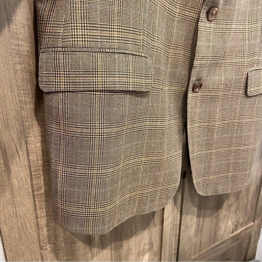 Lauren Ralph Lauren 44R Blazer Wool Silk Brown Glen Plaid Jacket